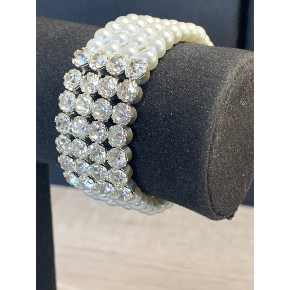Vintage Faux Pearl Rhinestone Multi Strand Cuff Bracelet Silver Tone Bridal 4511
